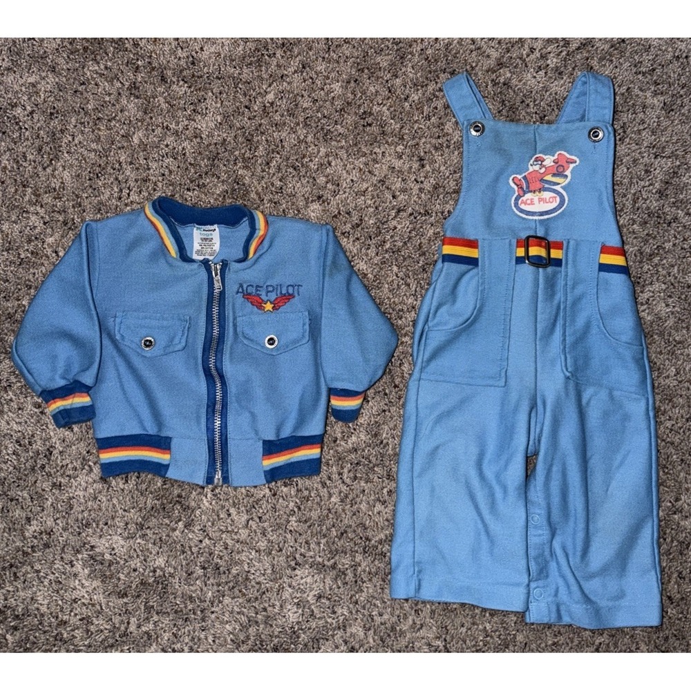 Vintage 1980 Kmart Togs Carter's Blue Overalls/Jacket - Ace Pilot Size 12 months